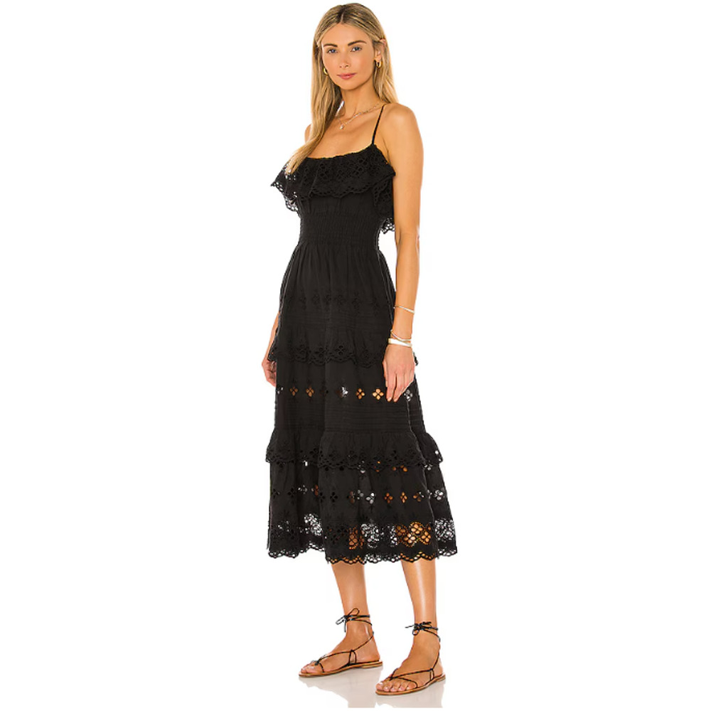 Lovers And Friends Dallas Midi Dress Medium Smocked Waist Eyelet Detail Black
